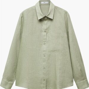NWT Mango Lino Linen Button Down Long Sleeve Shirt in Size 10 Green